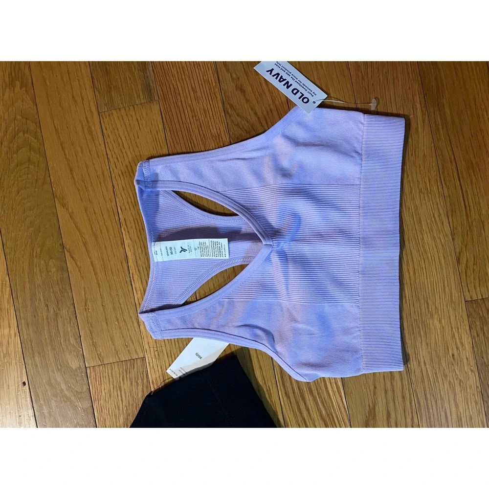 Old Navy Girls XS Go-Dry Seamless Sports Bra 2-Pk Black Purple‎ Ribbed Racerback